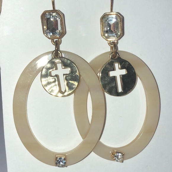 Jewelry - Gold Tone Off White Dangling Cross CZ Rhinestone Boho Earrings